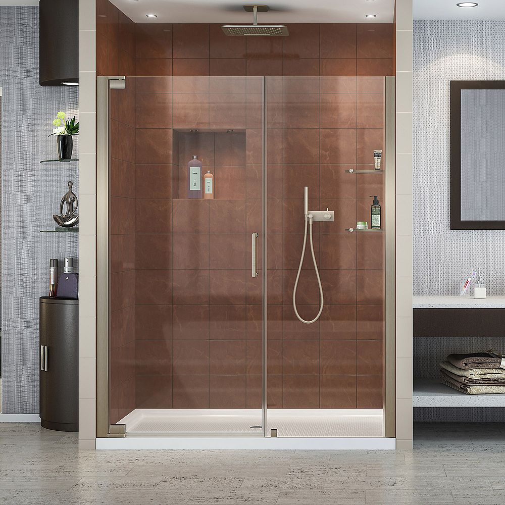 DreamLine Elegance 51-inch to 53-inch x 72-inch Semi-Frameless Pivot Shower Door in Brushe 