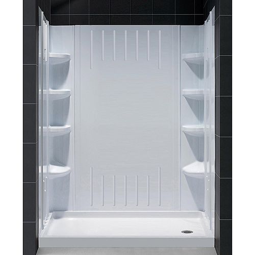 DreamLine QWALL-3 34-inch x 60-inch x 75-5/8-inch Standard Fit Shower Kit in White with Shower Base and Back Wall