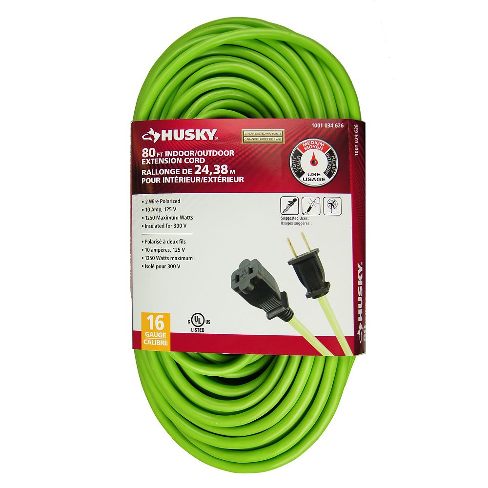 Husky 80 Feet Indoor/Outdoor Neon Green Extension Cord The Home Depot Canada