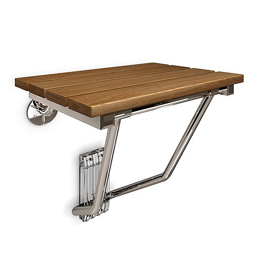 20-inch x 14-inch Natural Teak Wood Folding Seat in Chrome - ADA Compliant