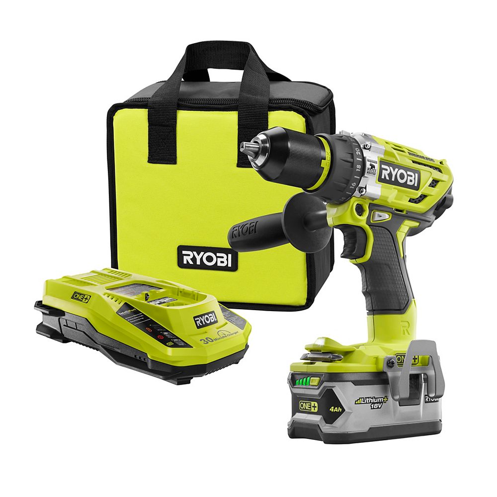 RYOBI 18V ONE+ Cordless Brushless Hammer Drill/Driver Kit with (1) 4.0 Ah Battery, Charger