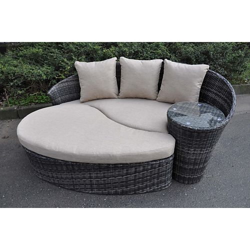 2-Piece Wicker Patio Ottoman Set with Round Table in Grey