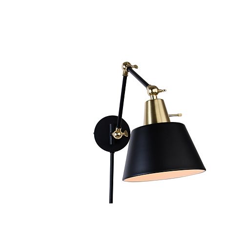 1-Light Plated Brass and Matte Black Extendable Plug-in Sconce with Cord Covers