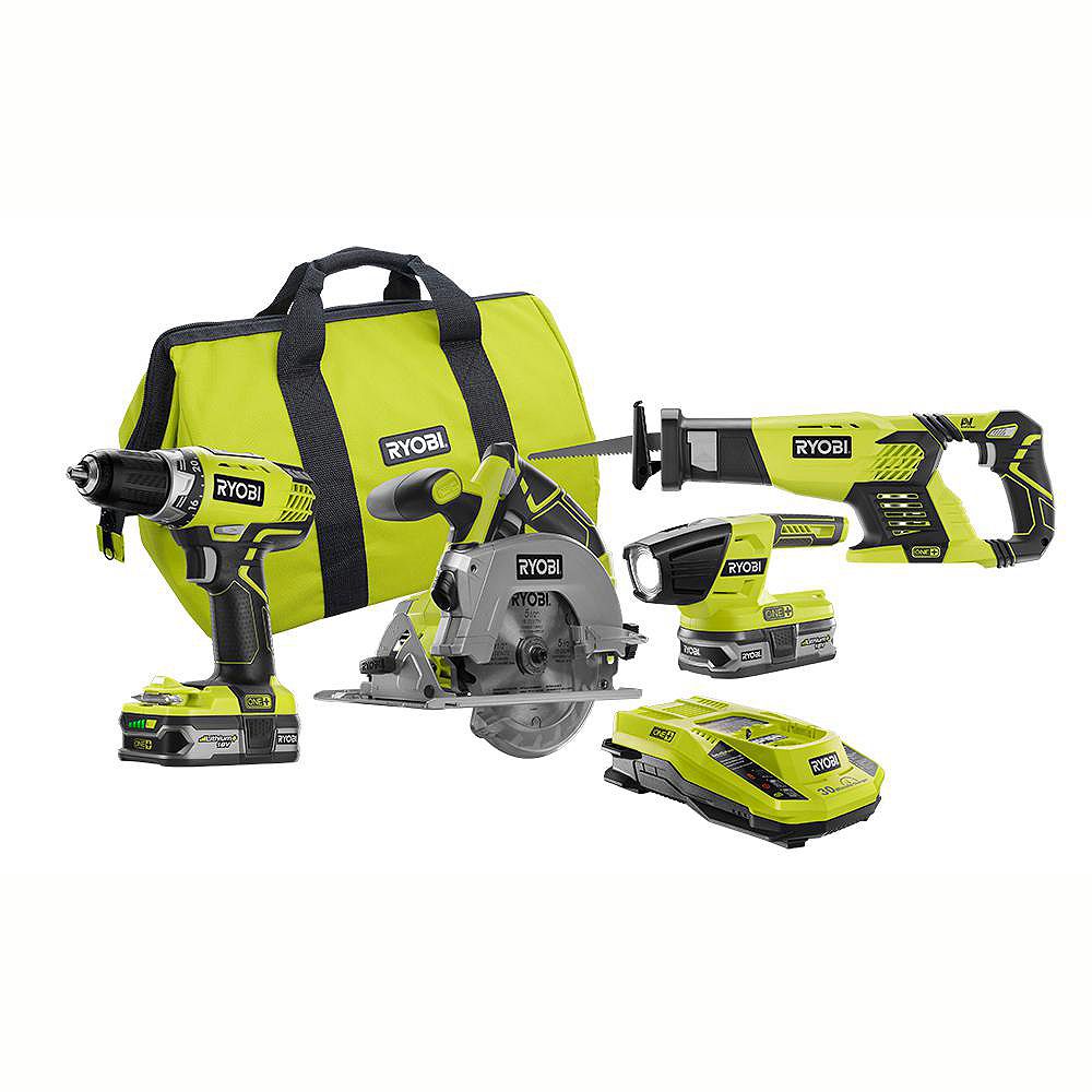 RYOBI 18V ONE+ Lithium-Ion Cordless Combo Kit (4-Tool) with (2) 1.5Ah ...