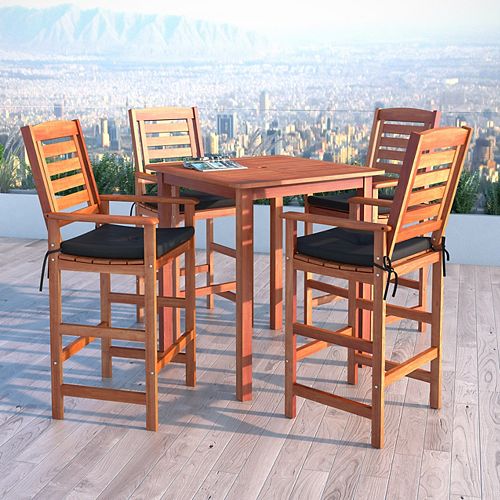 Miramar 5-Piece Hardwood Outdoor Bar Height Bistro Set in Cinnamon Brown