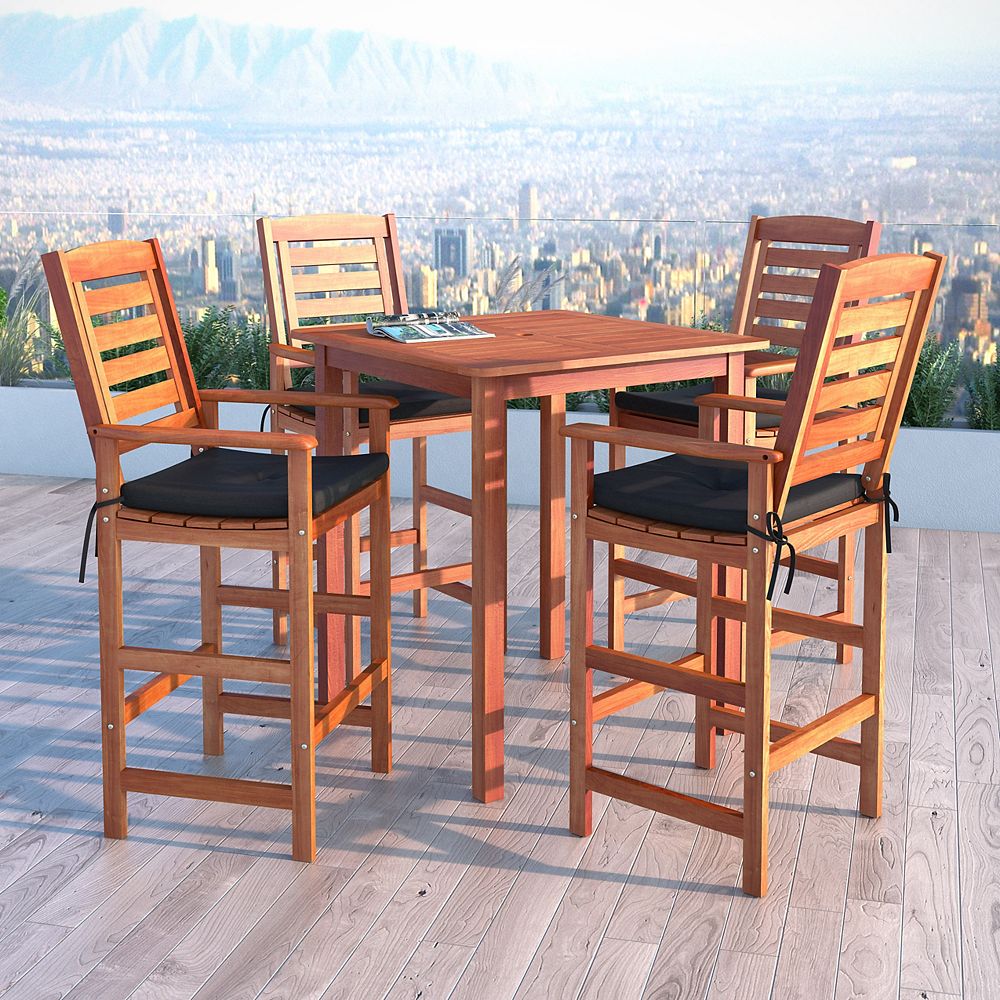 Corliving Miramar 5 Piece Hardwood, Outdoor Bar Height Bistro Table And Chairs