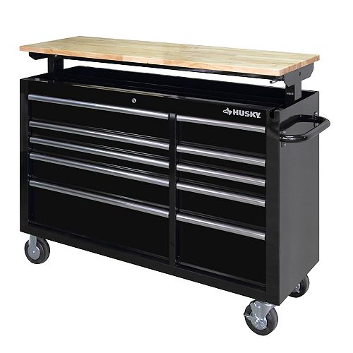 52-inch 10-Drawer Mobile Tool Storage Cabinet Workbench with Adjustable-Height Wood Top in Black