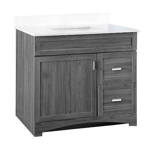 Rocara 37-inch W 2-Drawer Vanity Combo with Adjustable Shelves and White Engineered Stone Top in Antique Grey Finish