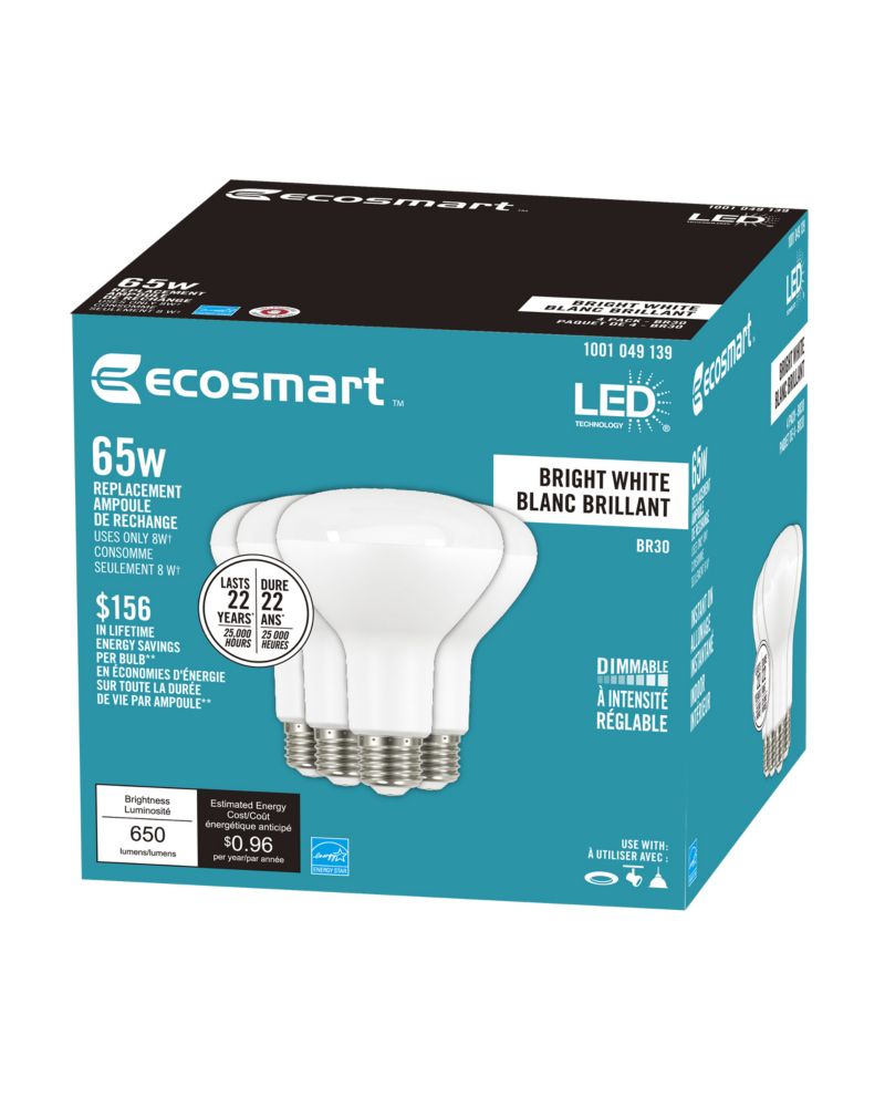 Ecosmart 65W Equivalent BR30 Dimmable Bright White (3000K) LED Light ...