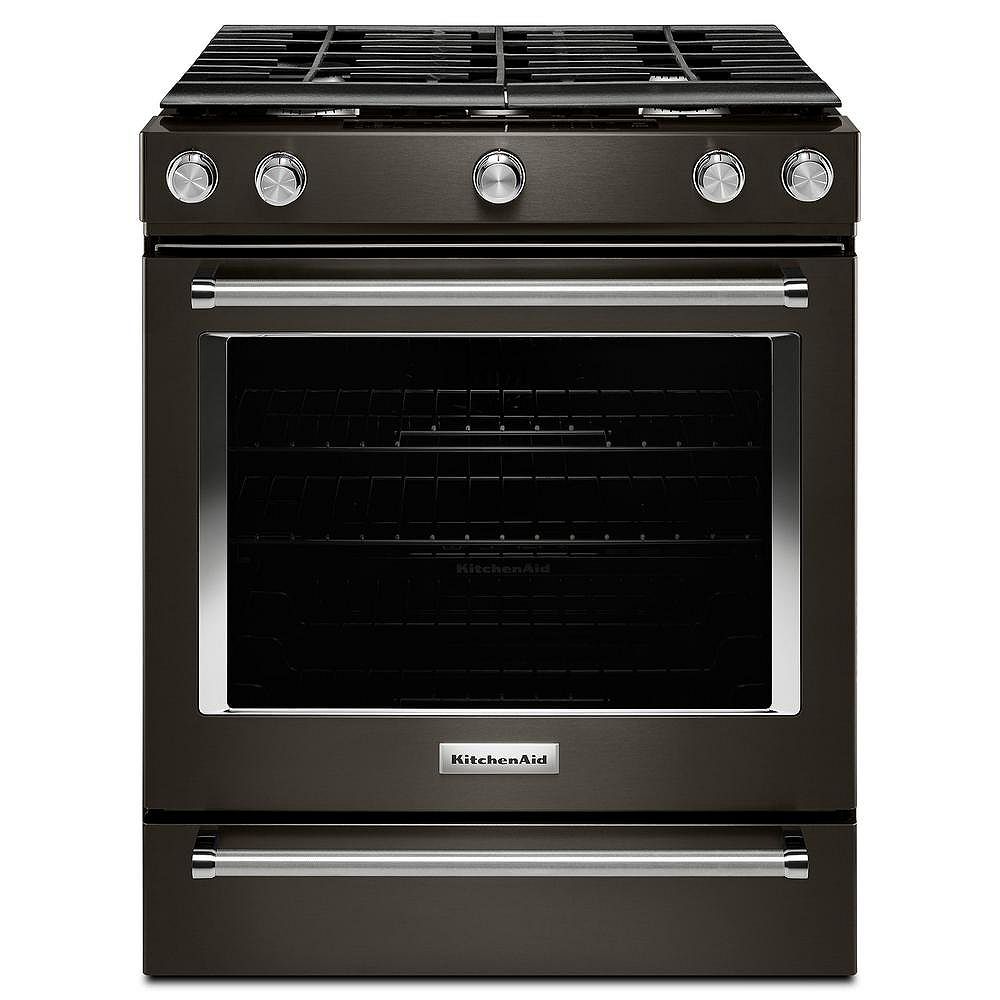 Kitchenaid 5 8 Cu Ft Slide In Gas Range With Self Cleaning Convection Oven In Black Stai The Home Depot Canada