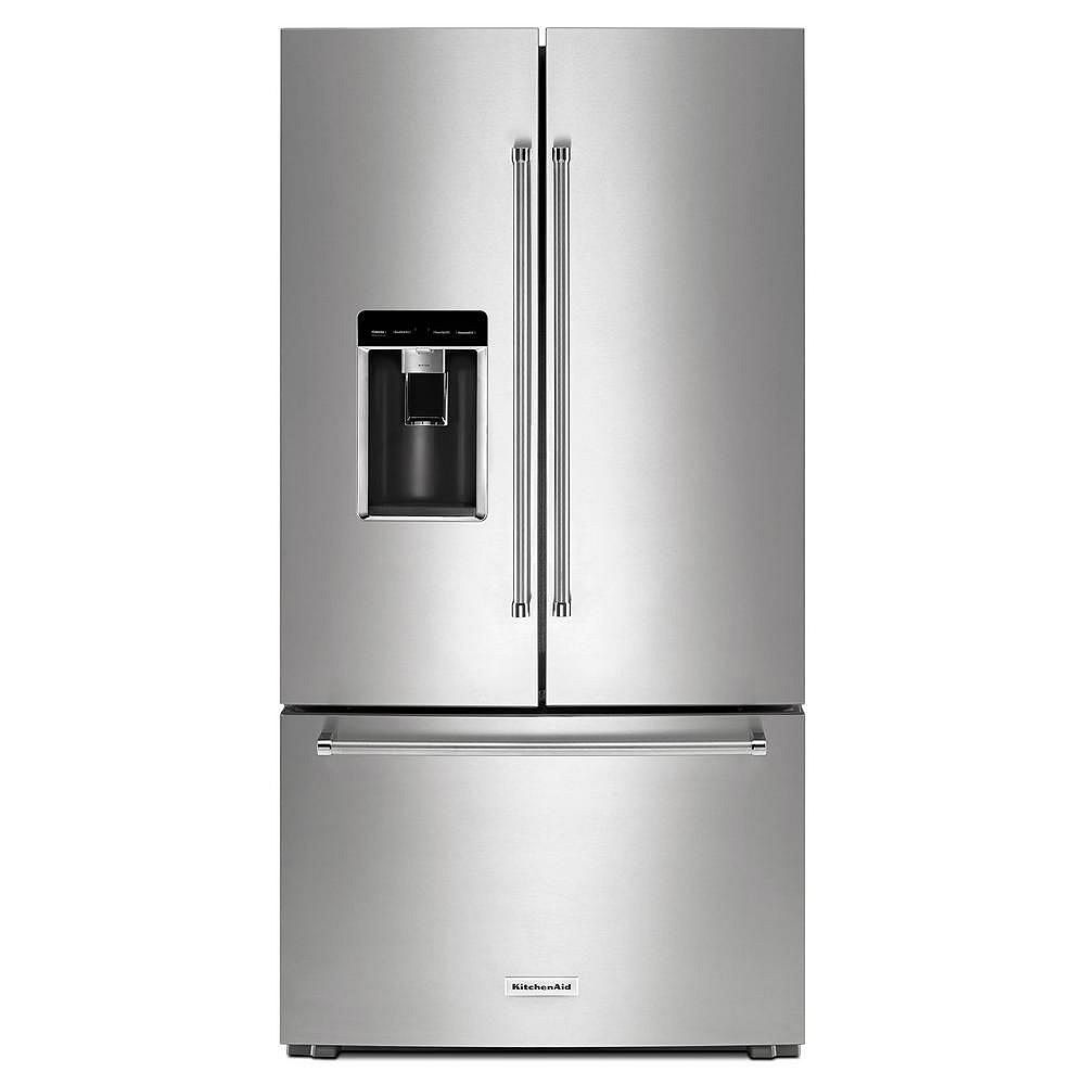 Kitchenaid 36 Inch W 23 8 Cu Ft French Door Refrigerator In Printshield Stainless Steel The Home Depot Canada