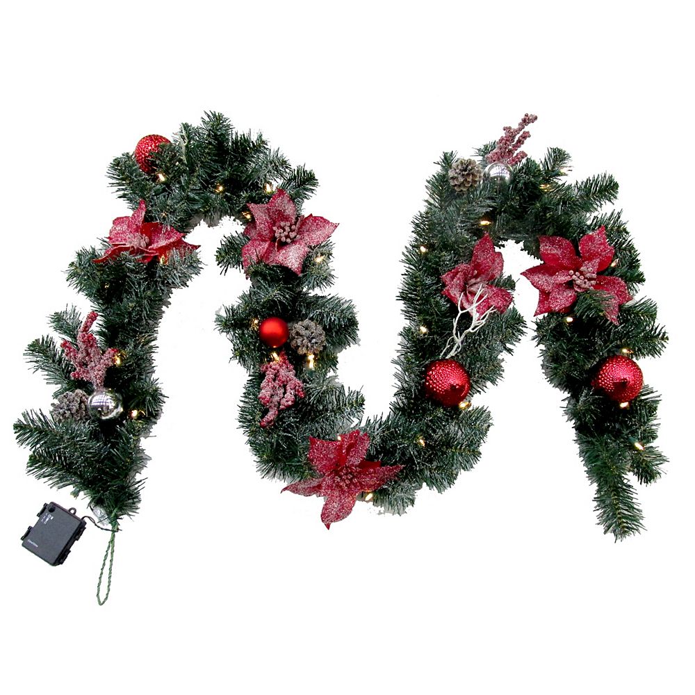 Home Accents 9 ft. LED Pre-Lit Frosted Poinsettia Garland | The Home