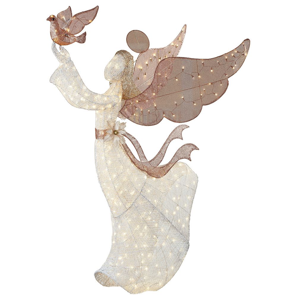 Home Accents 7 ft. 6 inch LED Giant Rose Gold Angel with Dove 350 Warm ...