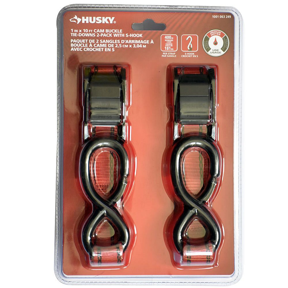Husky 1inch x 10 ft. Cam Buckle TieDown with SHook (2Pack) The