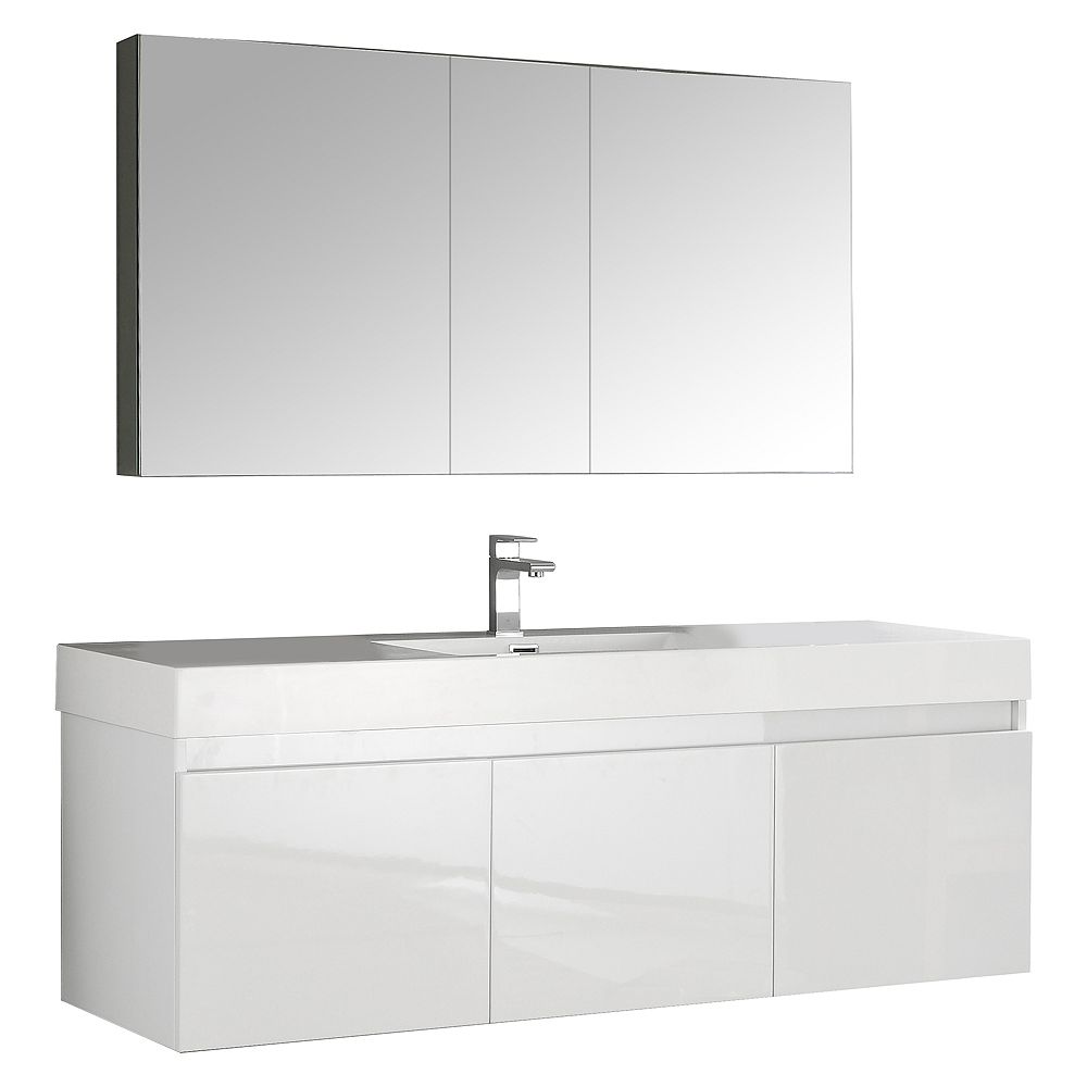 Fresca Mezzo 59 Inch W 6 Drawer Wall Mounted Vanity In White With Fresca Mezzo 59 Inch W 6 Drawer Wall Mounted Vanity In White With