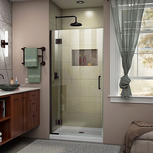 DreamLine Unidoor-X 34-inch x 72-inch Frameless Rectangular Pivot/Hinged Clear Shower Door with Bronze Accents