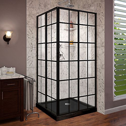 36-inch W x 36-inch D x 74.75-inch H Framed French Corner Shower Enclosure and Base in Satin Black