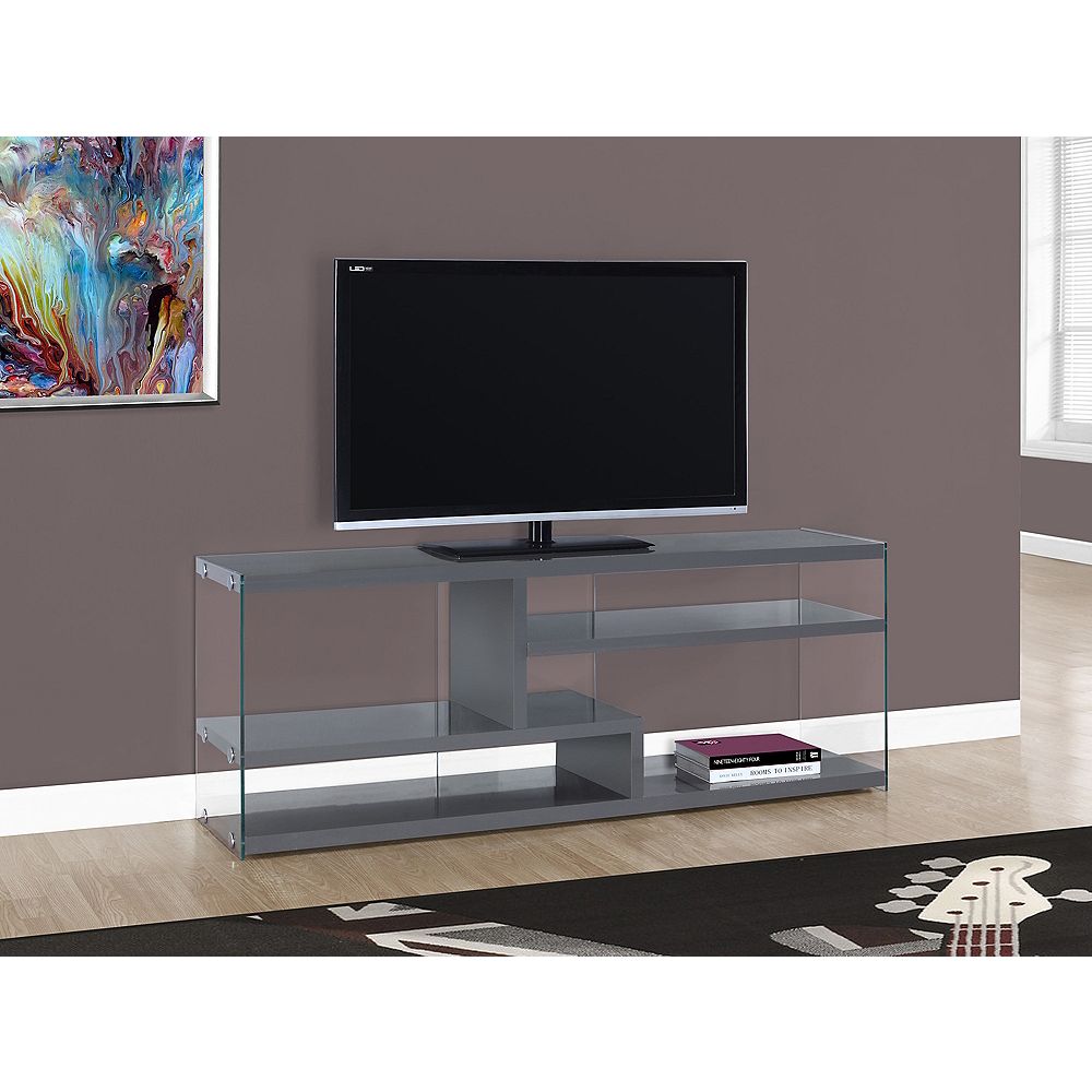 Monarch Specialties Tv Stand 60 Inch L / Glossy Grey With Tempered