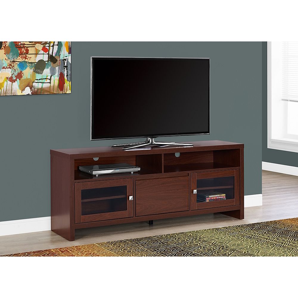 Monarch Specialties Tv Stand 60 Inch L / Warm Cherry With Glass Doors