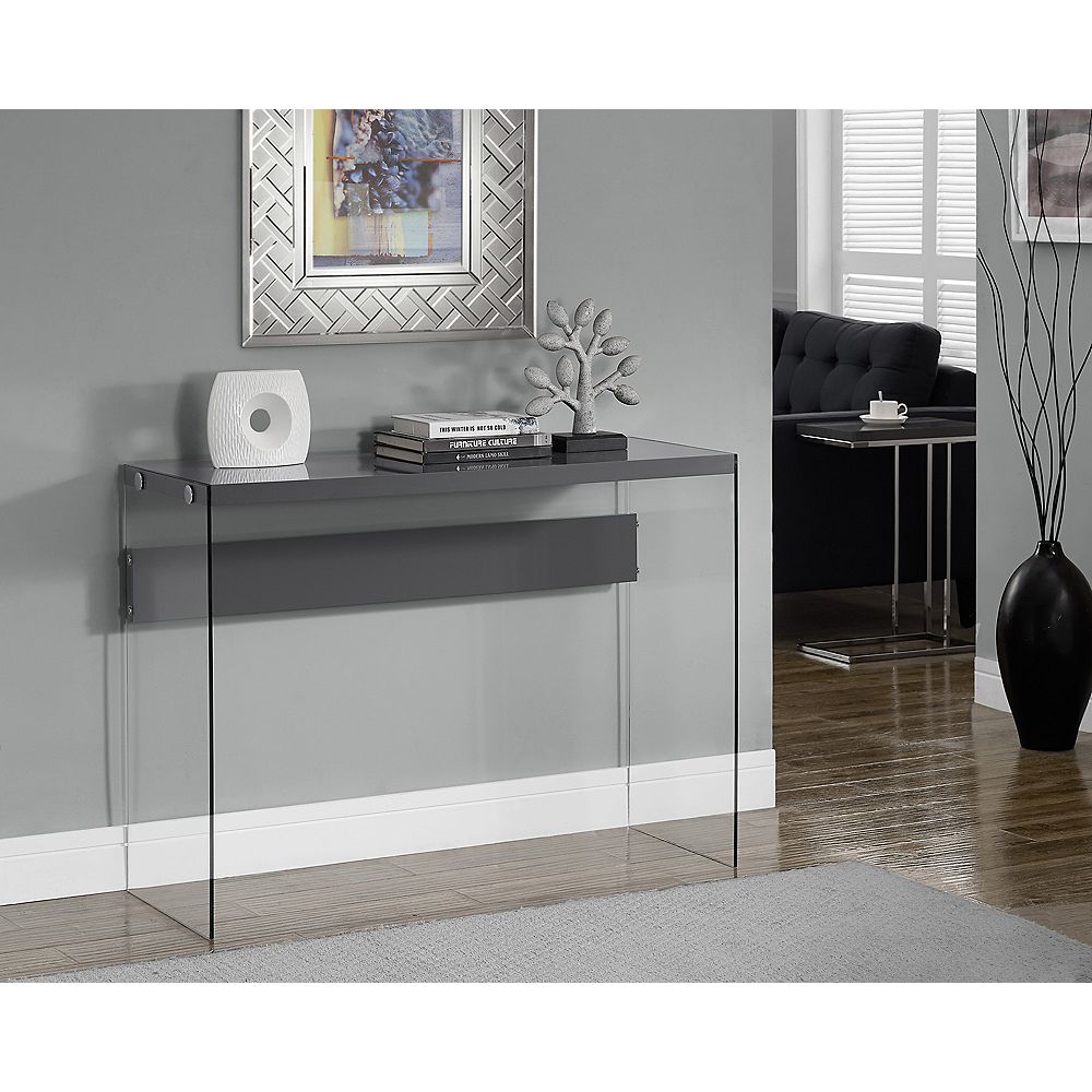 Monarch Specialties Console Table Glossy Grey With Tempered Glass