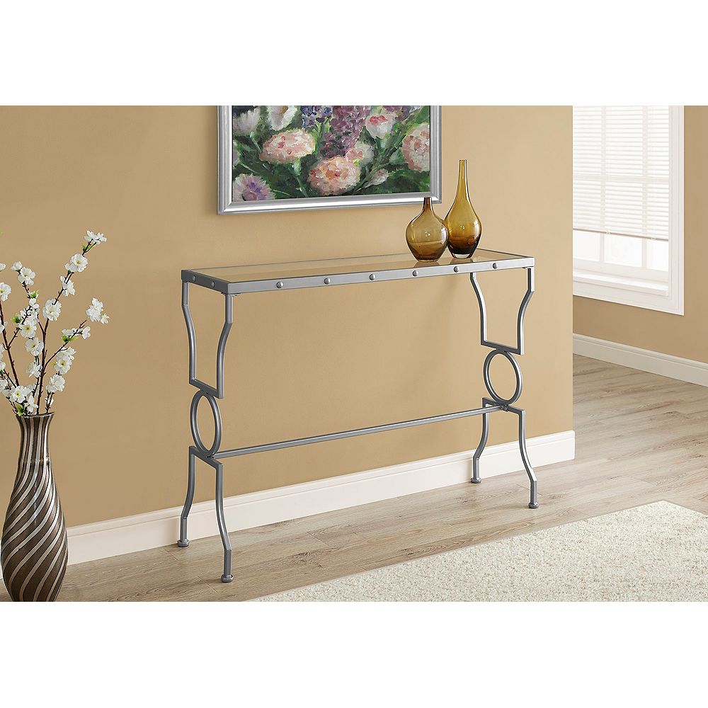 Monarch Specialties Console Table Silver Metal With Tempered Glass