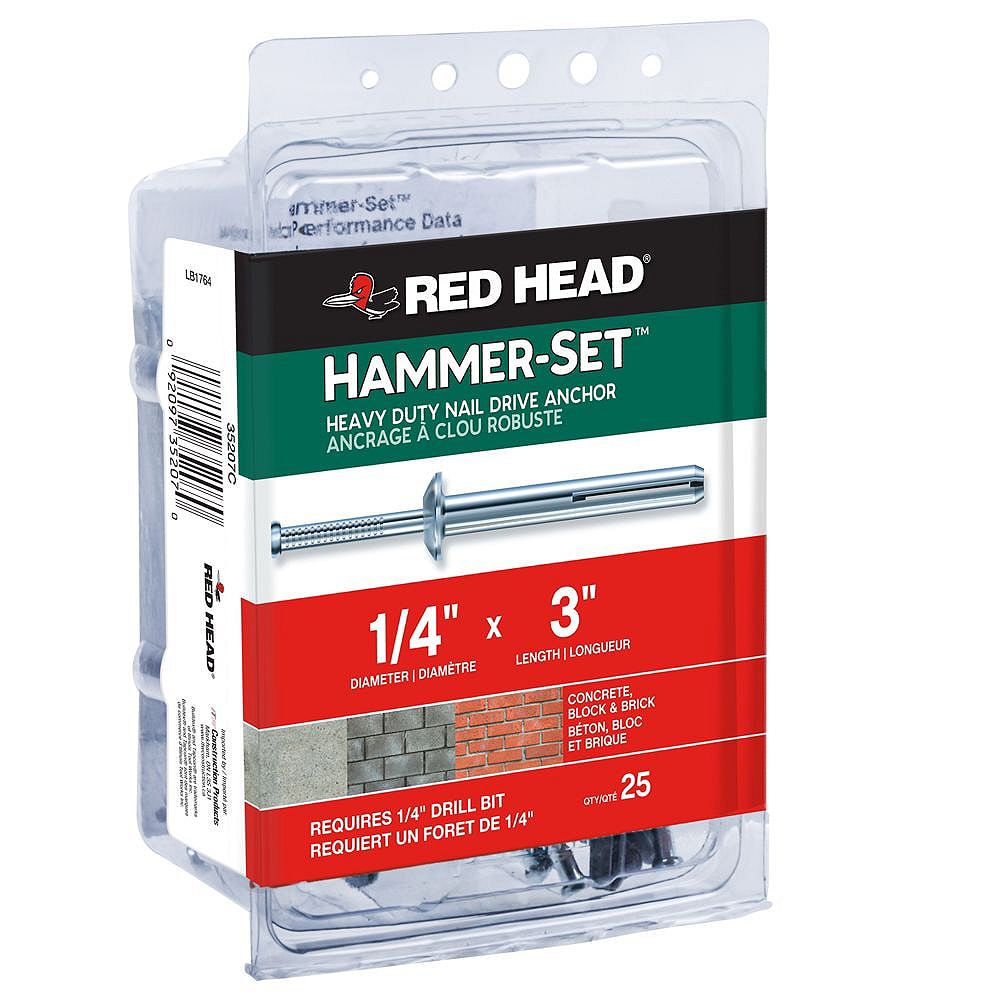 Red Head 1/4inch x 3inch HammerSet Heavy Duty Nail Drive Concrete Anchors 25 Pack The