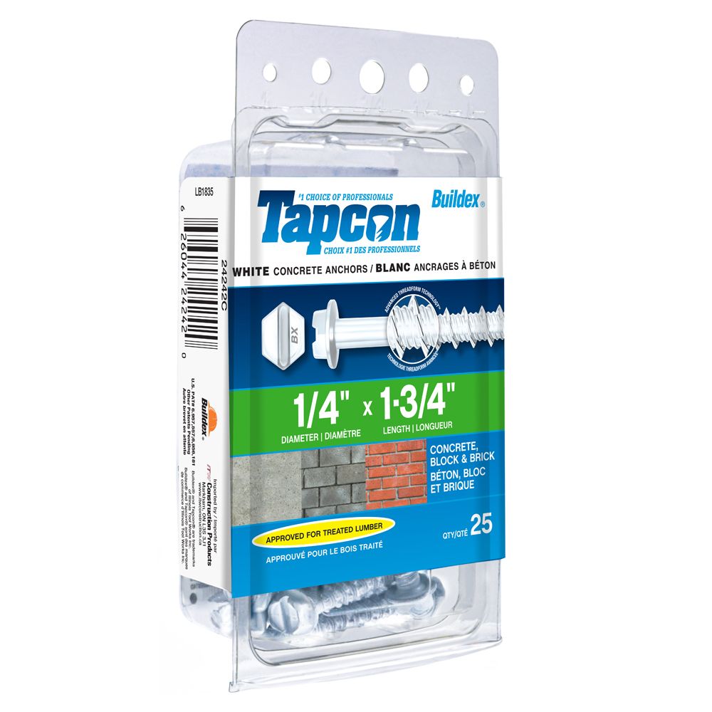 Tapcon 1/4inch x 13/4inch Ultrashield Slotted Hex Washer Head Concrete Anchors in White