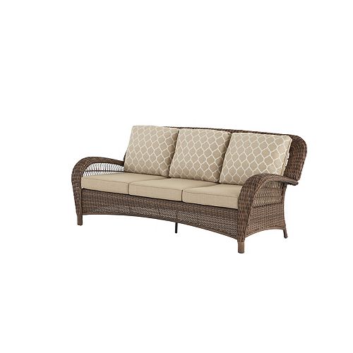 Beacon Park Brown Wicker Outdoor Patio Sofa with Standard Toffee Trellis Tan Cushions