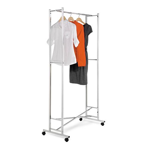 Folding Square Tube Steel Rolling Garment Rack in Chrome/White