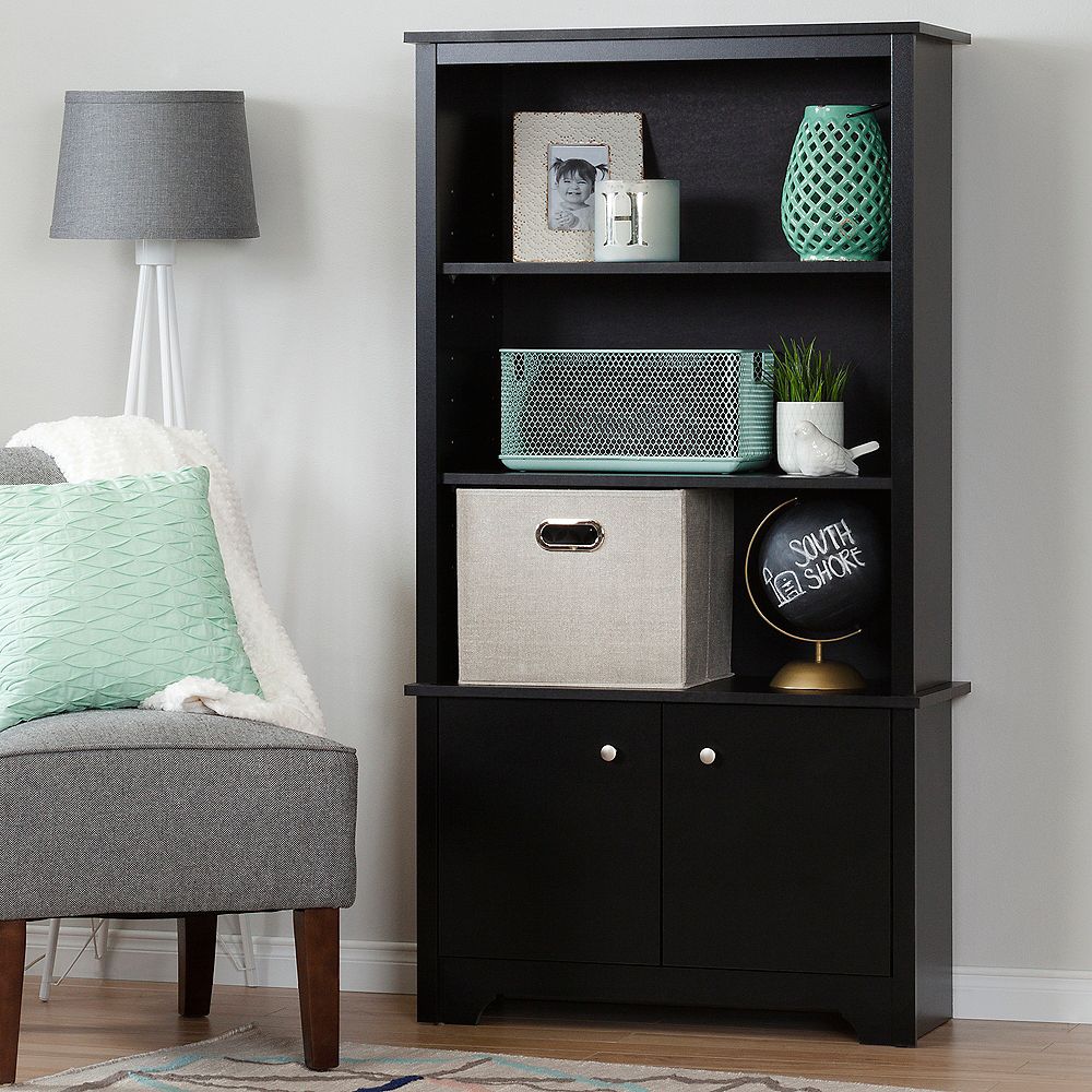South Shore Vito 3-Shelf Bookcase with Doors, Pure Black | The Home