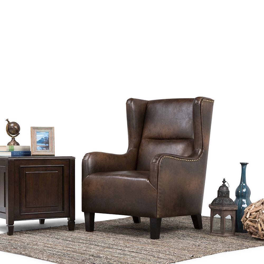 Simpli Home Taylor Brown Leather Wingback Accent Chair | The Home Depot