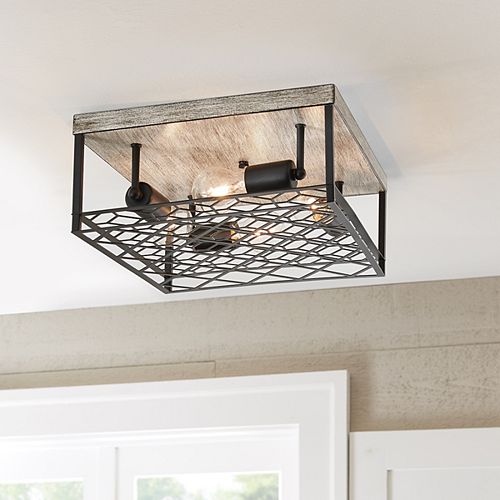 4-Light Black Metal & Faux Wood Square Cage Flushmount Ceiling Light