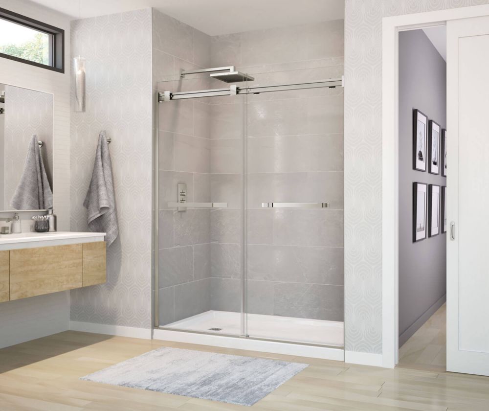 Maax Duel 59 Inch X 70 1 2 Inch Frameless Sliding Shower Door In Brushed Nickel The Home Depot
