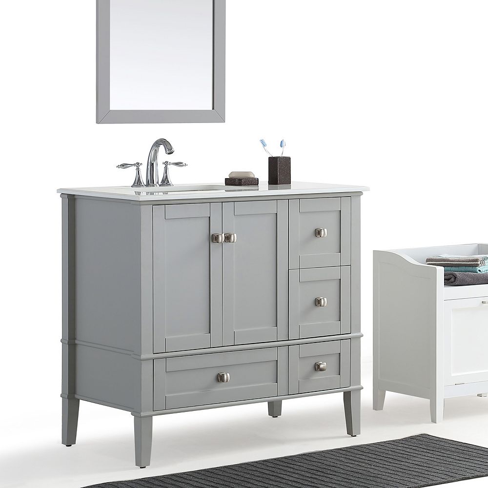 Simpli Home Chelsea 36 Inch Left Offset Bath Vanity With White Quartz Marble Top The Home Depot Canada