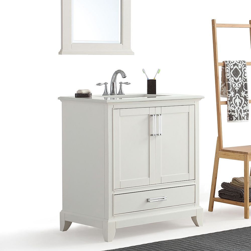 Simpli Home Elise 30 Inch Bath Vanity with Bombay White Quartz Marble