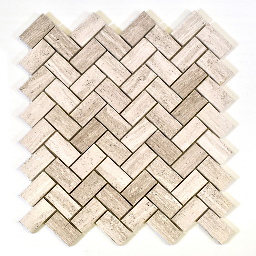 Modamo Herringbone Wooden White Marble Polished Mosaic Tile The Home