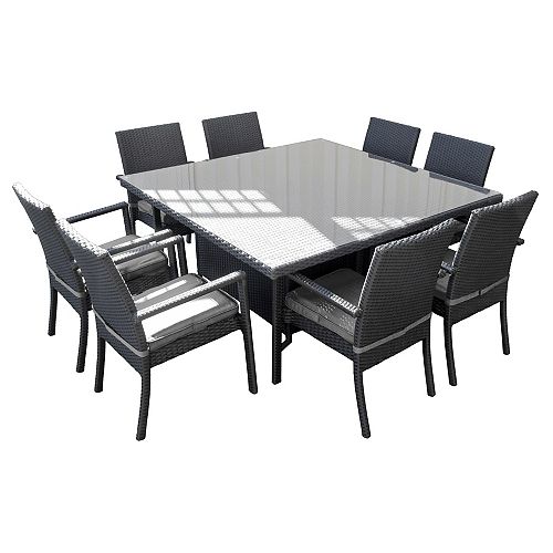 9-Piece Dinning Set With Steel Frame Black PVC Wicker and Grey Seat Cushions