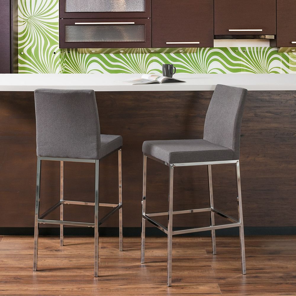 Corliving Huntington Grey Fabric Bar Stools with Chrome Legs, Bar