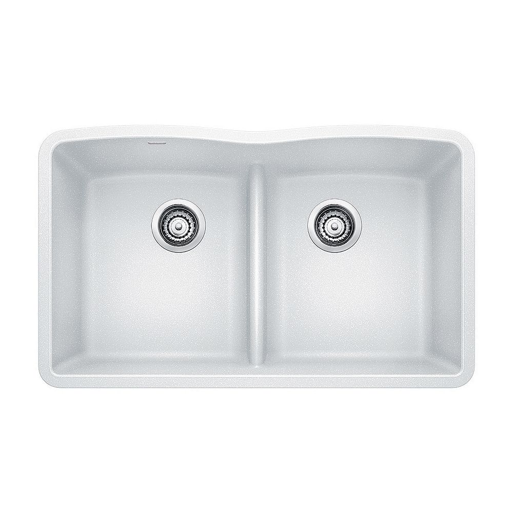 Blanco Diamond U 2 Low Divide Equal Double Bowl Undermount Kitchen Sink Silgranit White The Home Depot Canada