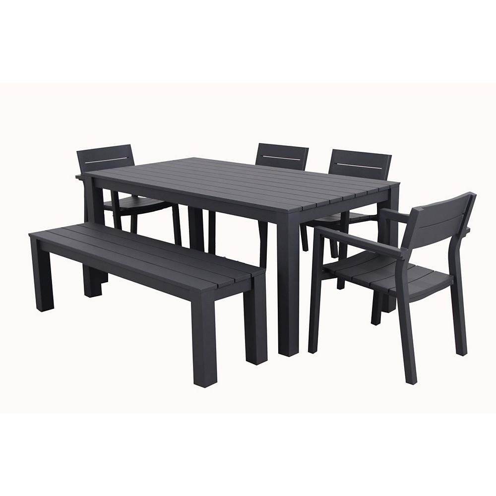 Patio Plus Cassara 6 Piece Aluminum Dining Set With Bench In Grey The Home Depot Canada Aluminum Patio Dining Set With Bench, Modern Patio Dining Sets For 6