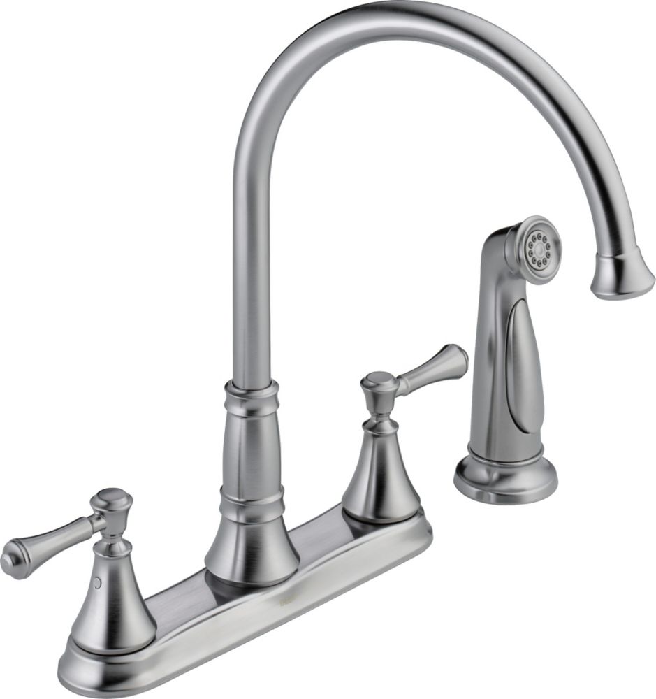 Delta Cassidy Two Handle Kitchen Faucet With Spray Arctic Stainless   P 1001119585 