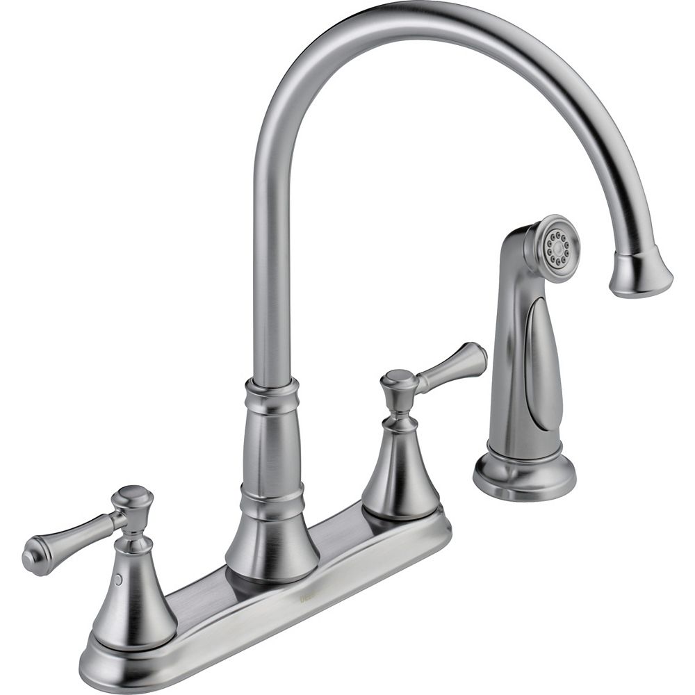 Delta Cassidy Two Handle Kitchen Faucet with Spray, Arctic Stainless
