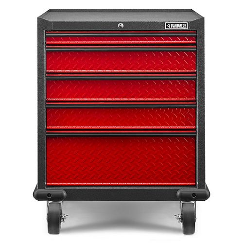 Gladiator Premier Series 35-inch H x 28-inch W x 25-inch D Steel 5-Drawer Rolling Garage Cabinet in Red Tread