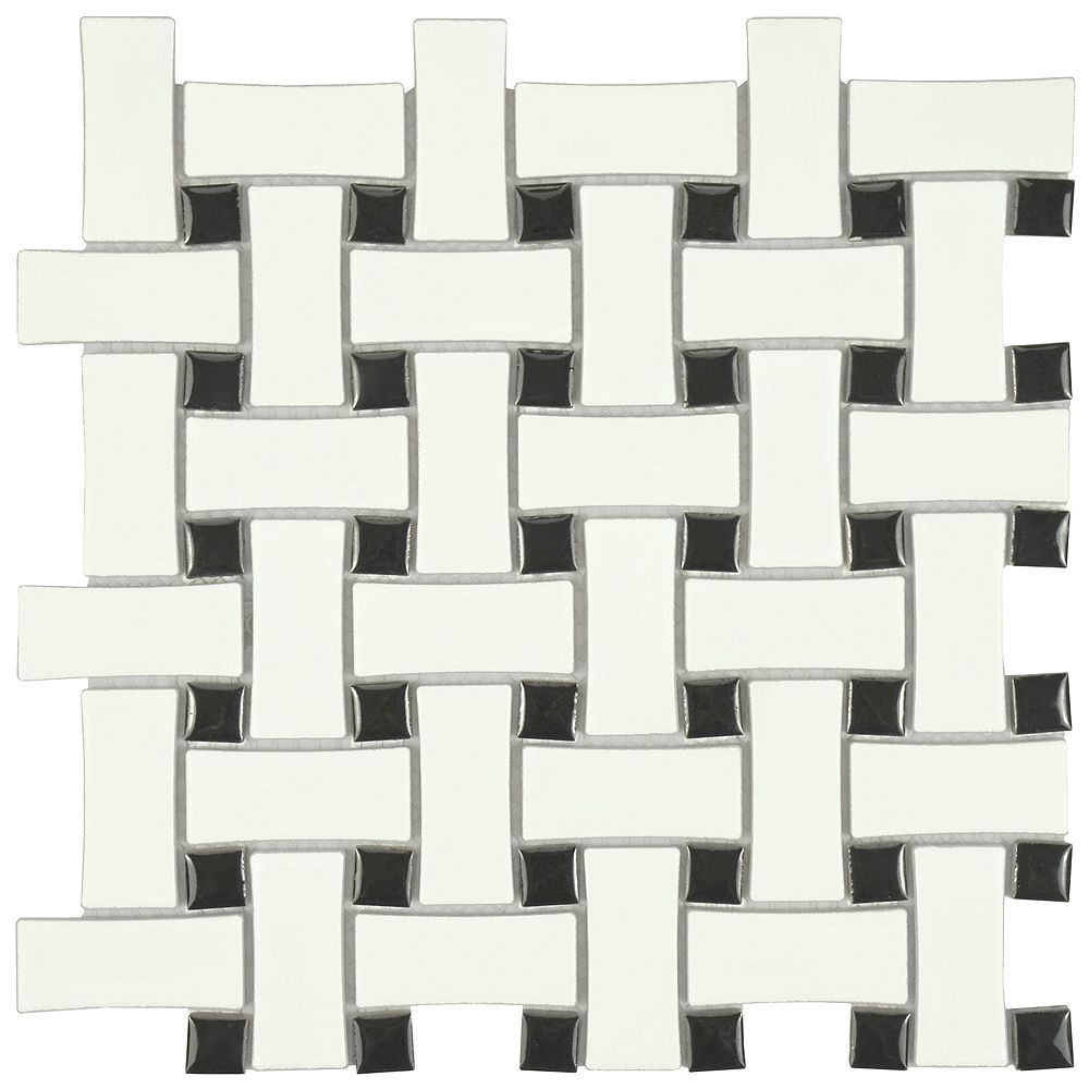 Merola Tile Metro Dog Bone Basket Weave Matte White Black 10 1 2