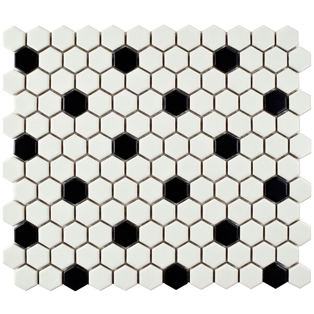 Merola Tile Metro Hex Matte White W Black Dot 10 1 4 Inch X 11 3 4 Inch X 6mm Porcelain M The Home Depot Canada