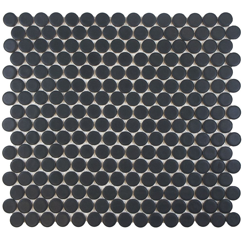 Merola Tile Hudson Penny Round Matte Black 12 Inch X 12 5 8 Inch X 5 Mm Porcelain Mosaic T The Home Depot Canada
