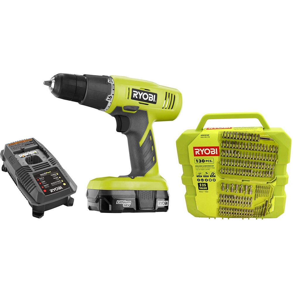 RYOBI 18V ONE+ Drill/Driver Kit with 1.3 Ah Battery and 130-Piece Bit ...