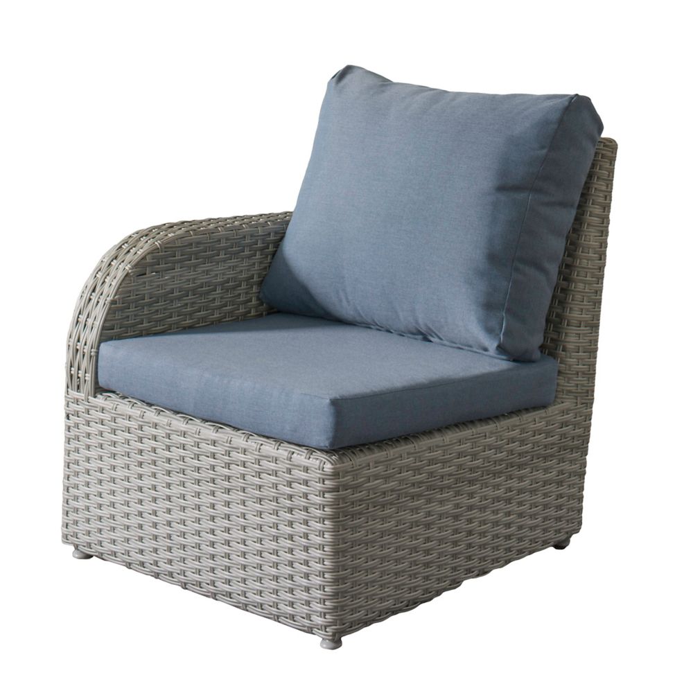 Corliving Brisbane Weather Resistant Resin Wicker Left Arm Patio Chair with Blue Cushions The