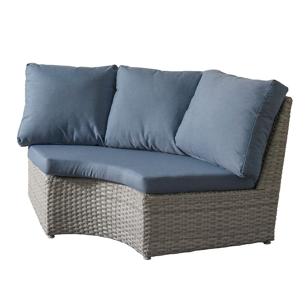 Corliving Brisbane Weather Resistant Resin Wicker Corner Patio Chair With Blue Cushions The Home Depot Canada