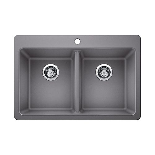 Glacier Bay 30-inch Top-Mount Composite Granite 5-Hole Double Bowl Kitchen Sink in Silver